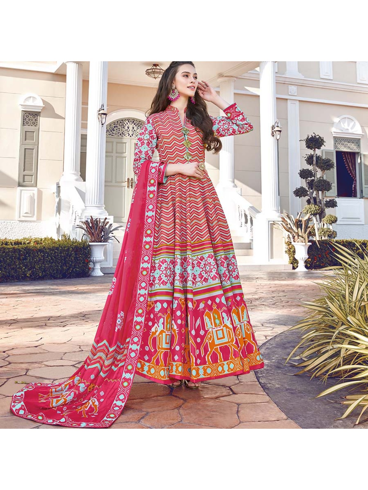 Buy Orange Anarkali Suit In Silk With Bandhani And Patola Printed Jaal  Design Online - Kalki Fashion