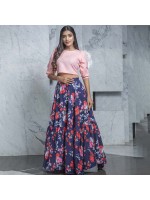 Alluring Baby Pink Cotton Printed Crop Top With Skirt