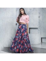 Alluring Baby Pink Cotton Printed Crop Top With Skirt
