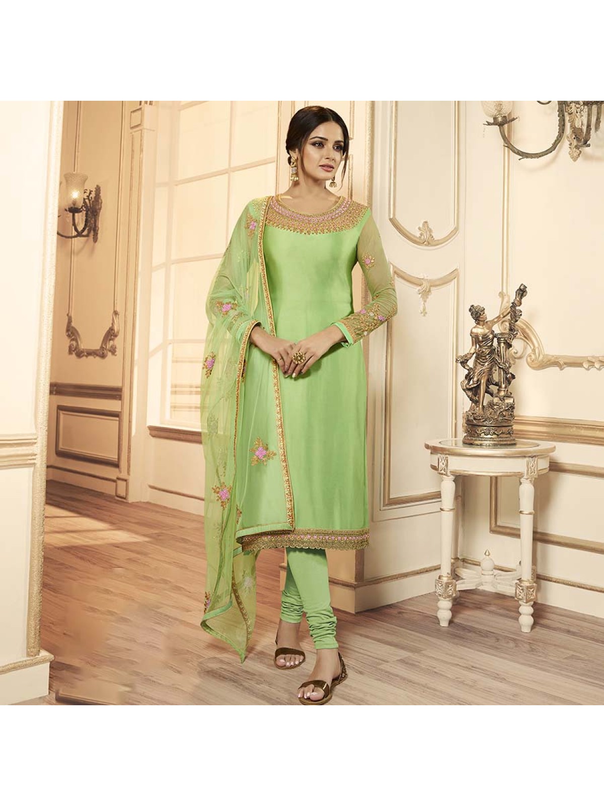 Parrot Green Beautiful Muslin Salwar Suit with Organza Dupatta -  693-SVA72031