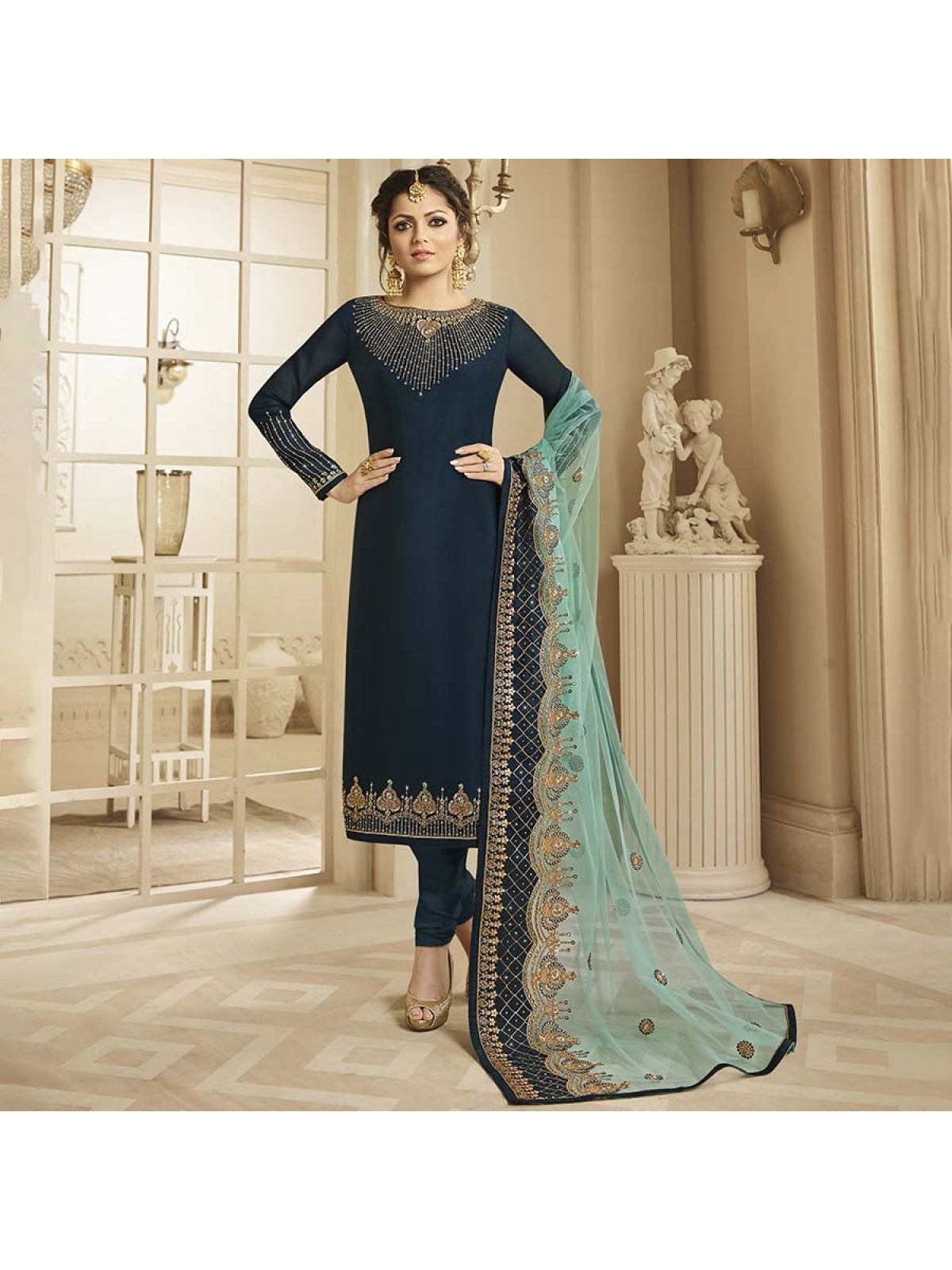 Buy Silk Embroidered Eid Anarkali Suit In Peacock Green Colour Online -  LSTV03710-Blue | Andaaz Fashion