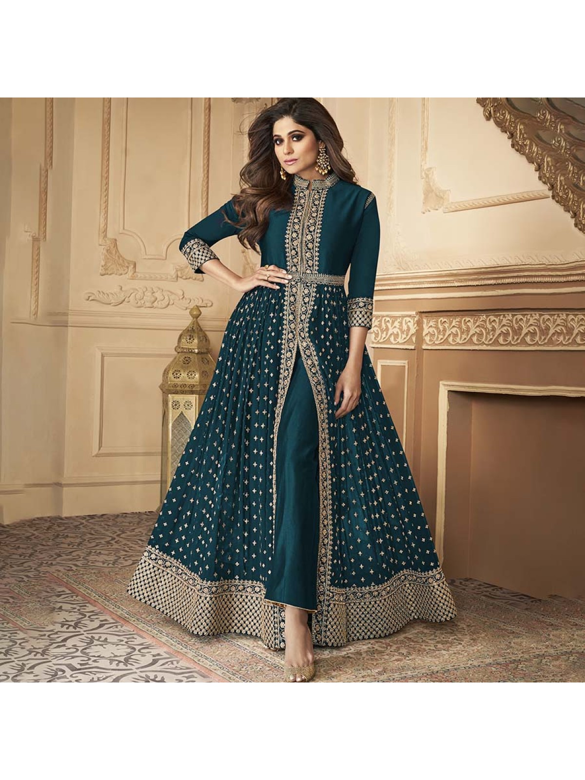 Teal Blue Colour Georgette Fabric palazzo Salwar Suit.