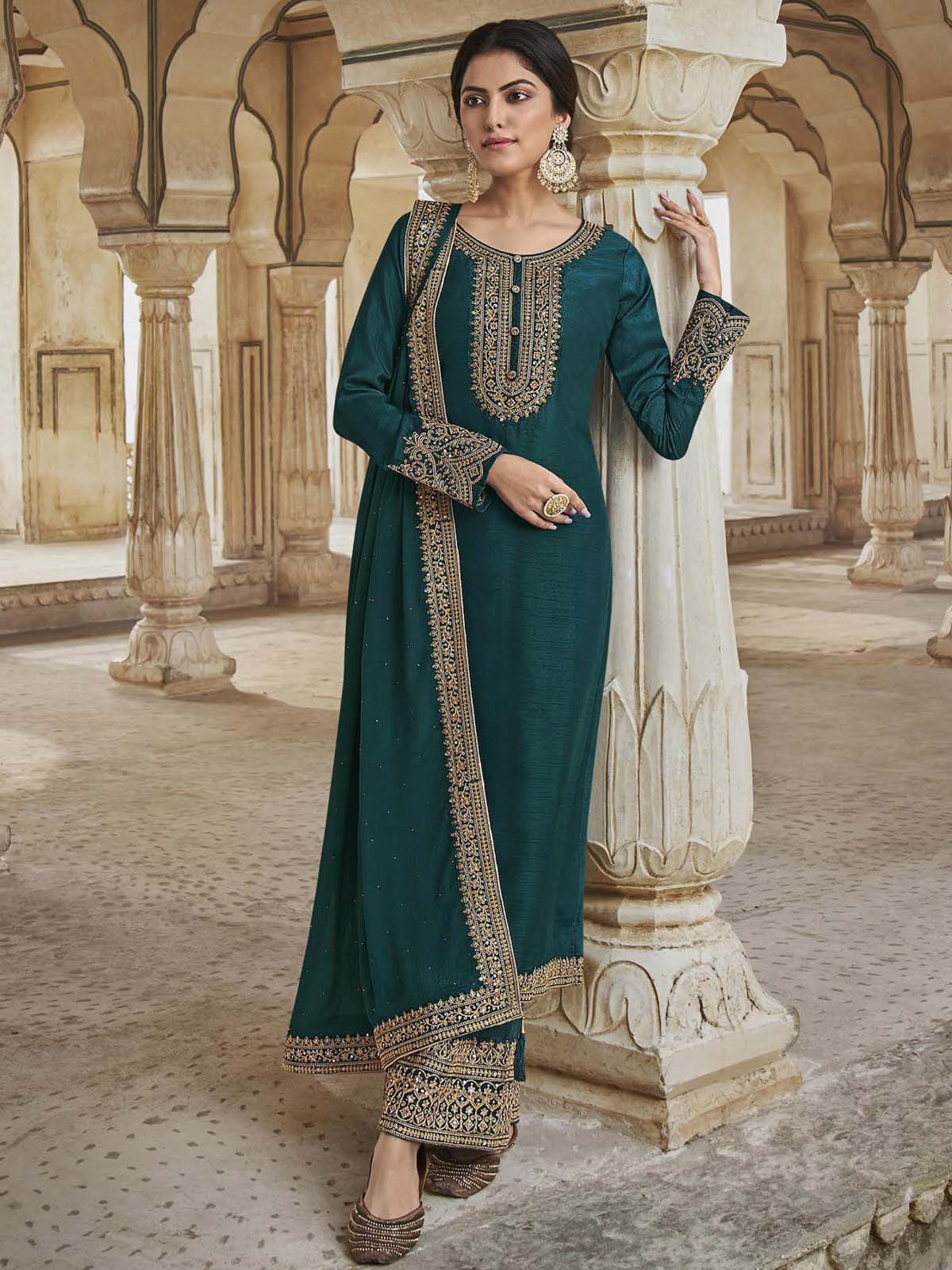 Peacock Color Party Wear Designer Straight Long Suit :: ANOKHI FASHION