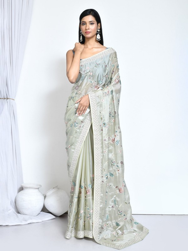 Off White Satin Silk Designer Saree