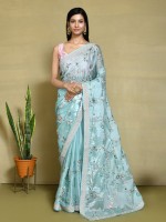 Sky Blue Satin Silk Designer Saree