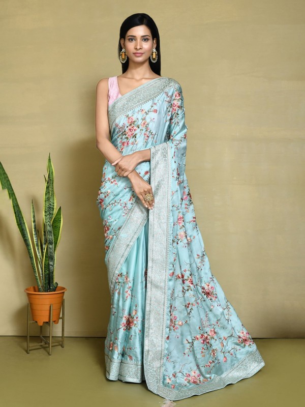 Sky Blue Satin Silk Designer Saree
