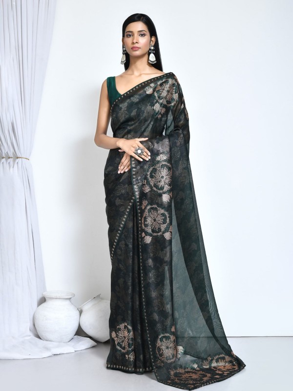 Slate Black Satin Silk Designer Saree