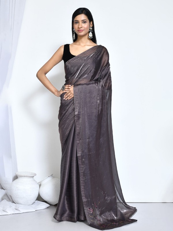 Dark Gray Satin Silk Designer Saree