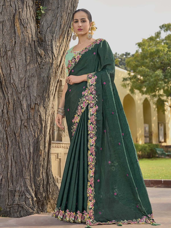 Teal Green Tissue Organza Silk Festive Saree