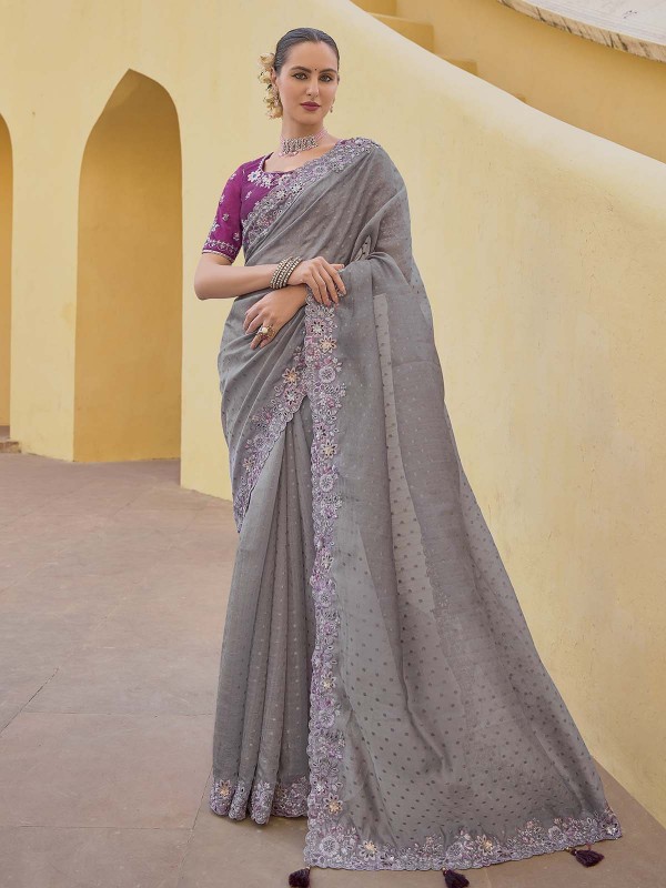 Gray Tissue Organza Silk Festive Saree