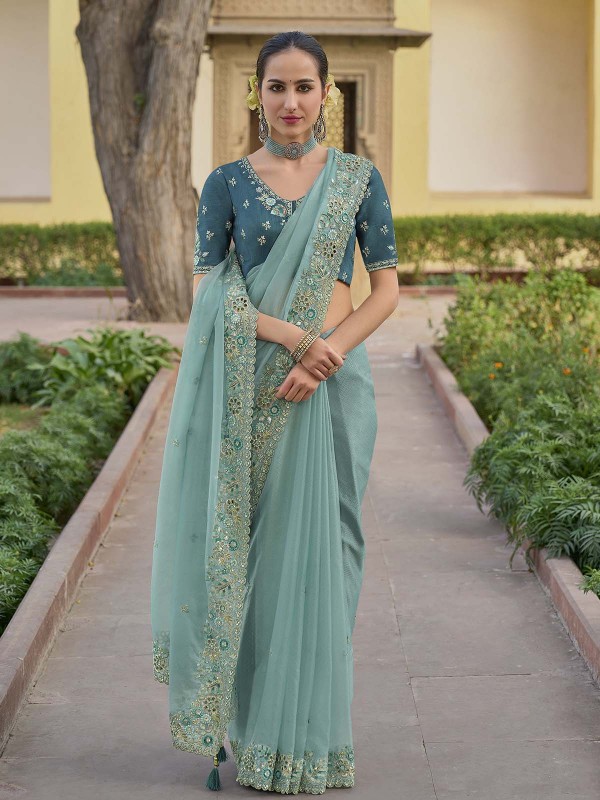 Pearl Aqua Tissue Organza Silk Festive Saree