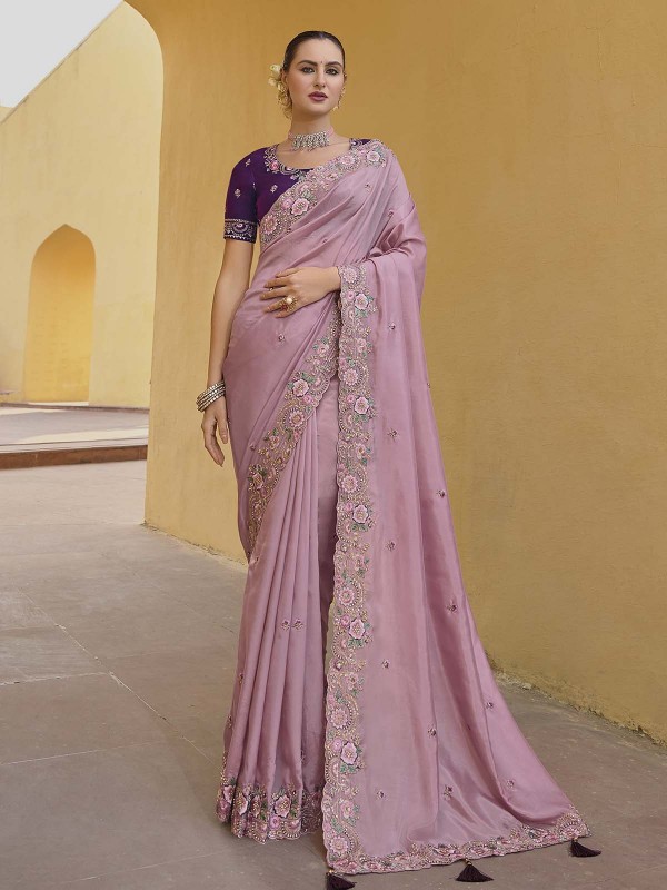 Pastel Pink Tissue Organza Silk Festive Saree